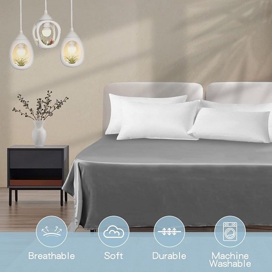 1 Piece Satin Flat Sheet,Luxury Extra Soft Silk Top Sheet-Gray Flat Bed Sheet 102×90inches，Wrinkle, Fade, Stain Resistant (Gray, Flat Sheet(90''×102''))