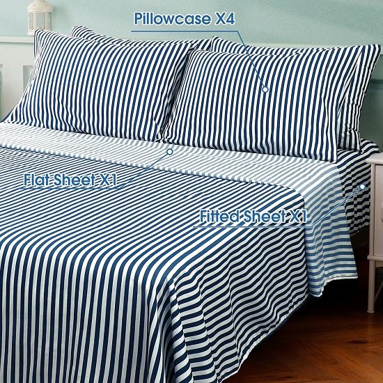 6 Piece Printed King Size Bed Sheets, Extra Soft Brushed Microfiber 1800 Bedding Pattern Sheets, Deep Pocket, Wrinkle & Fade Free, Navy Pinstripe